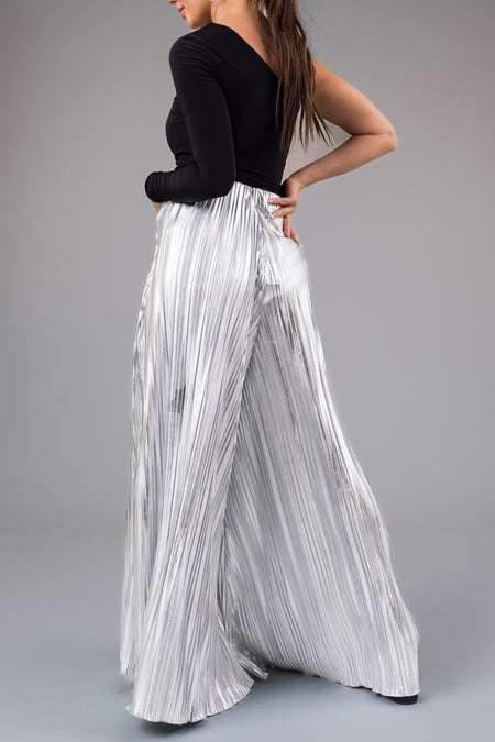 Silver Metallic Pleated Flare High Waist Pants