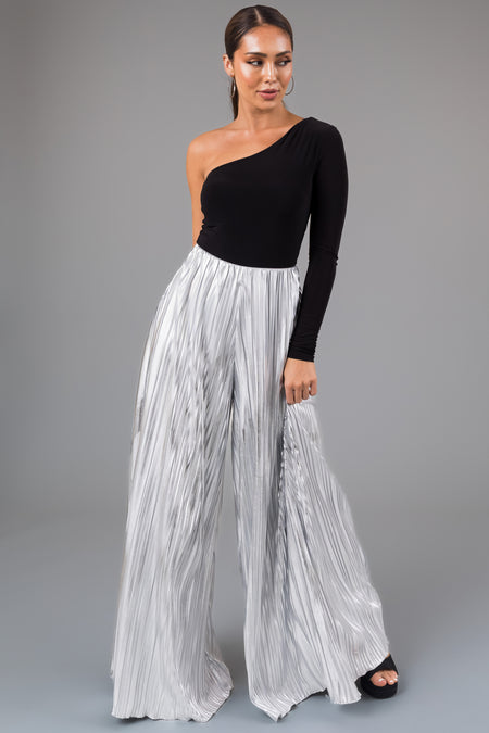 Silver Metallic Pleated Flare High Waist Pants