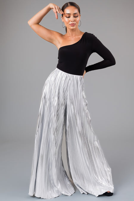 Silver Metallic Pleated Flare High Waist Pants