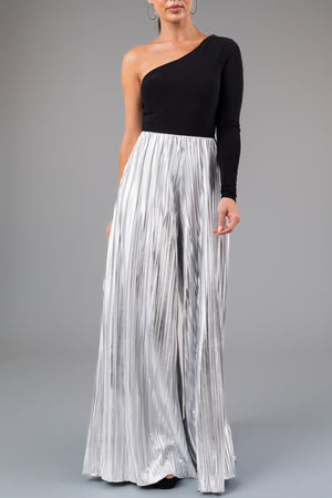 Silver Metallic Pleated Flare High Waist Pants