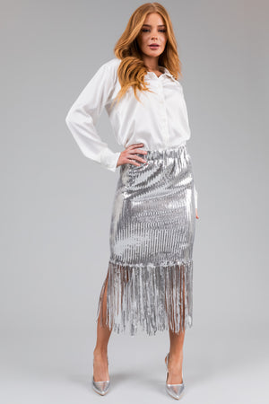 Silver Sequin Fringe Hemline Midi Skirt