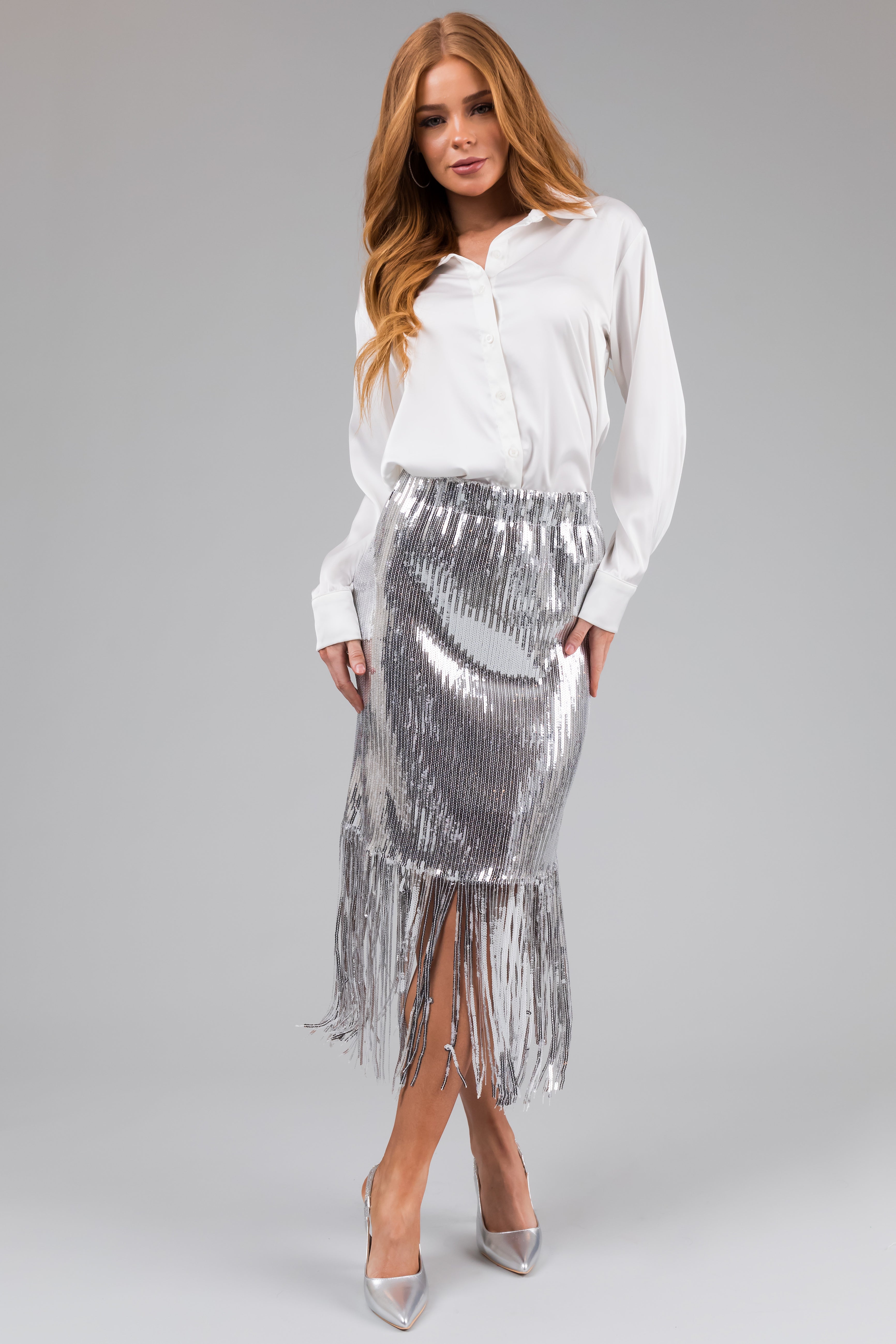 Silver sequin frill midi skirt sale