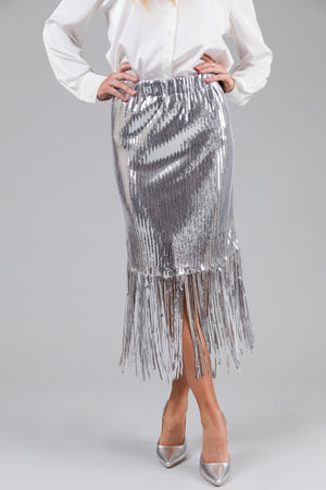 Silver Sequin Fringe Hemline Midi Skirt