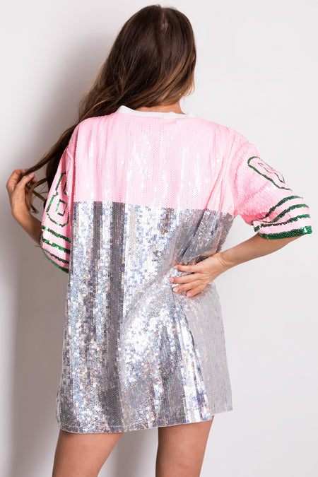 Silver Sequin Jersey Graphic Oversized Top