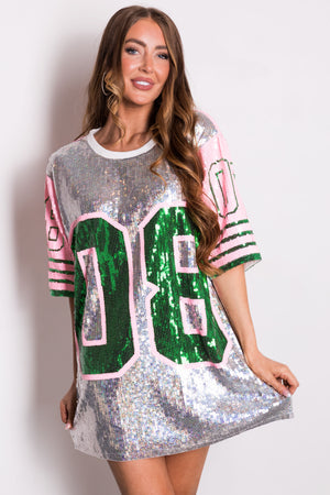 Silver Sequin Jersey Graphic Oversized Top