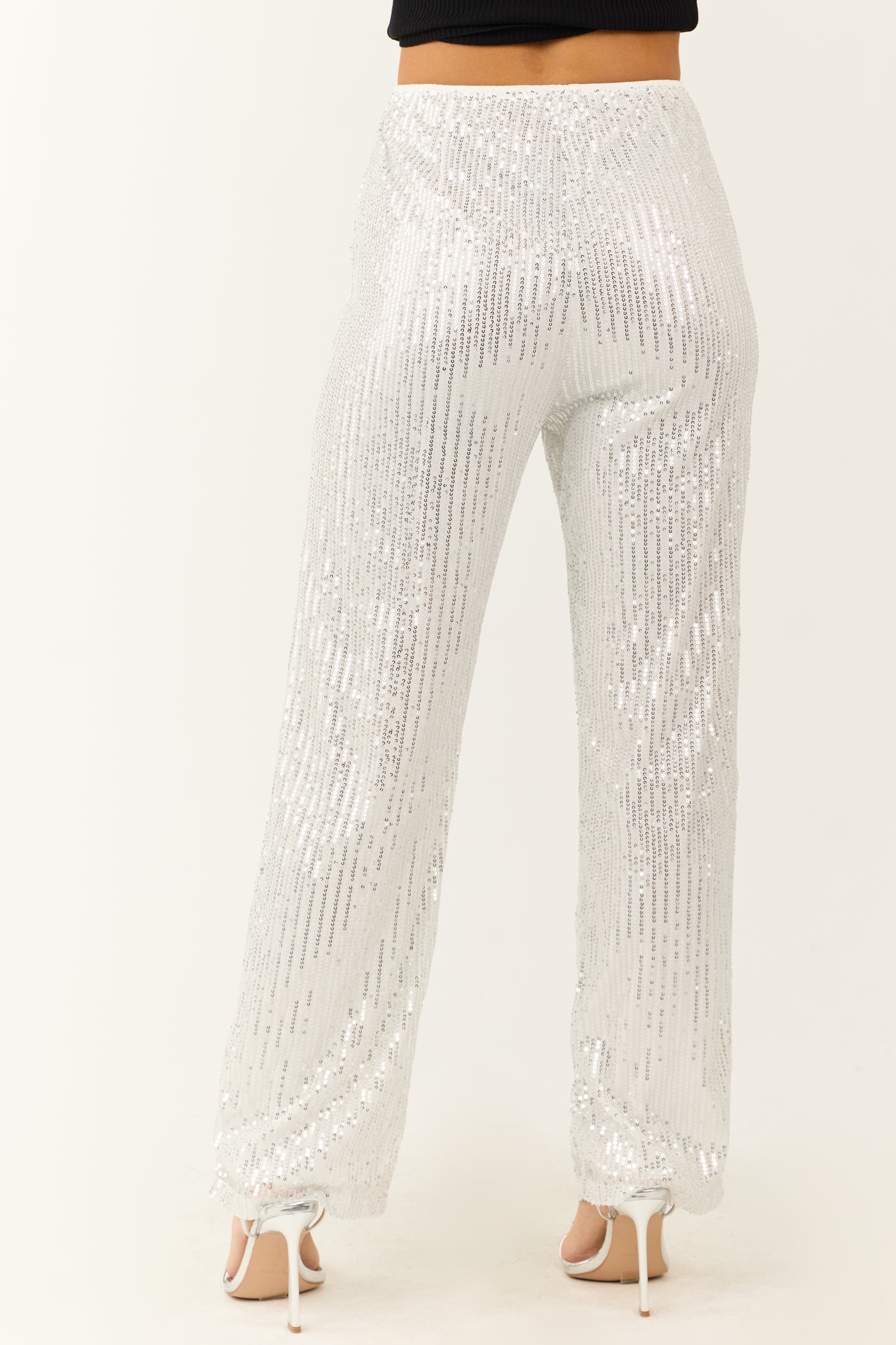 Silver Sequined High Waist Wide Leg Pants