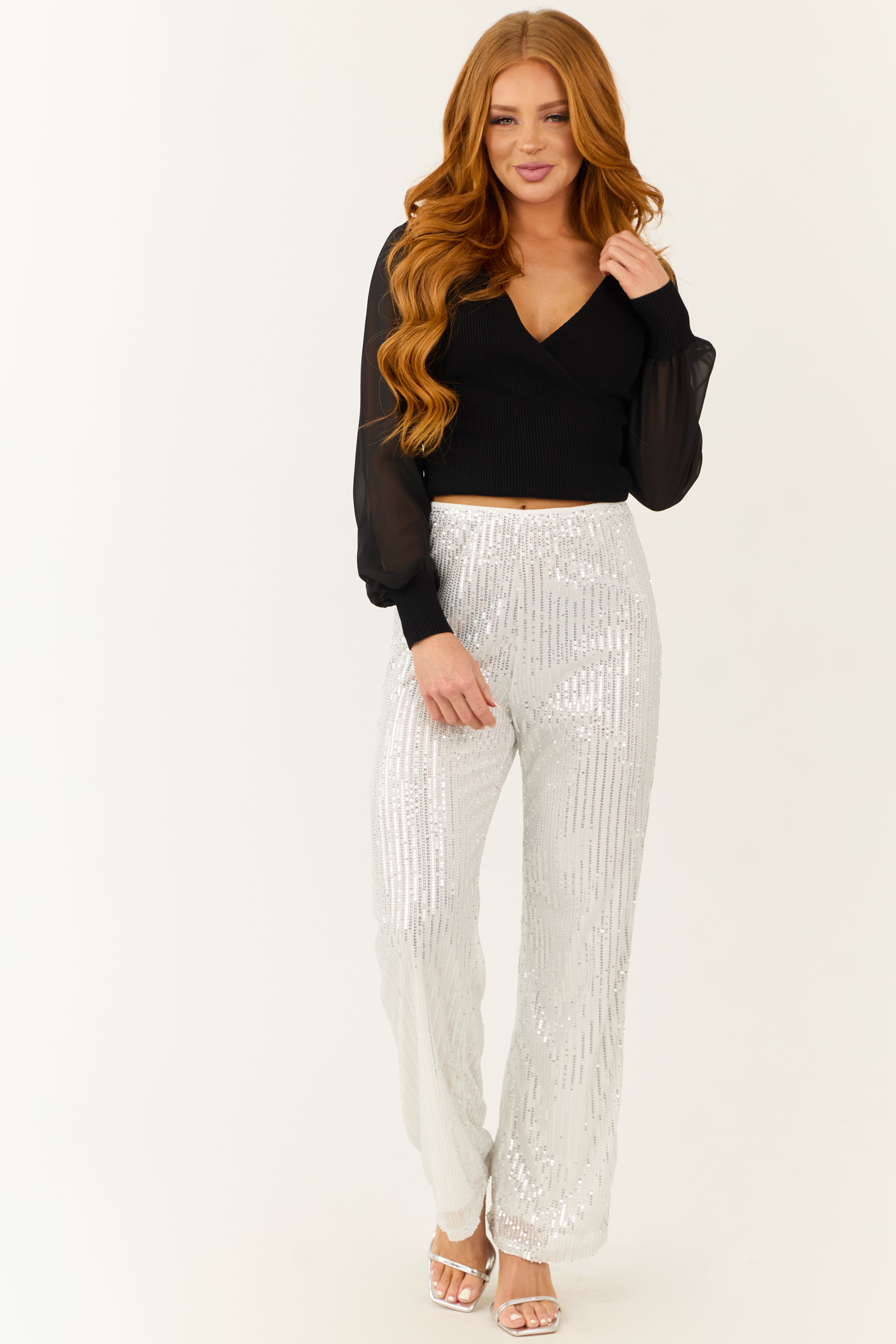 Silver Sequined High Waist Wide Leg Pants