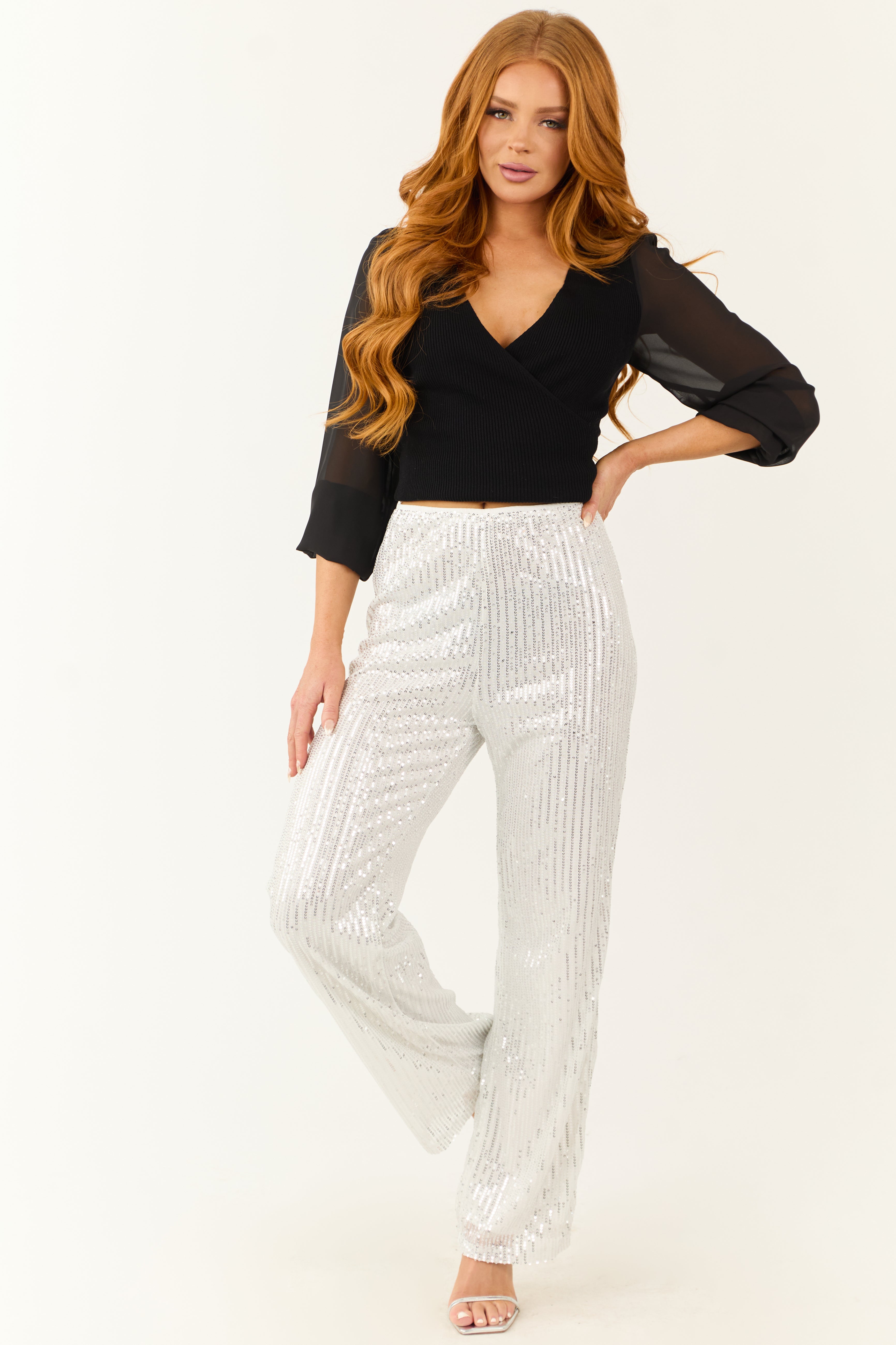 Silver Sequined High Waist Wide Leg Pants