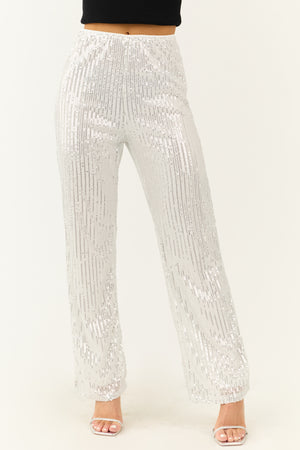 Silver Sequined High Waist Wide Leg Pants