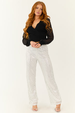 Silver Sequined High Waist Wide Leg Pants