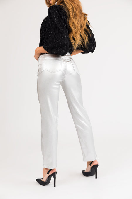 Silver Shiny Pleather High Rise Straight Leg Pants