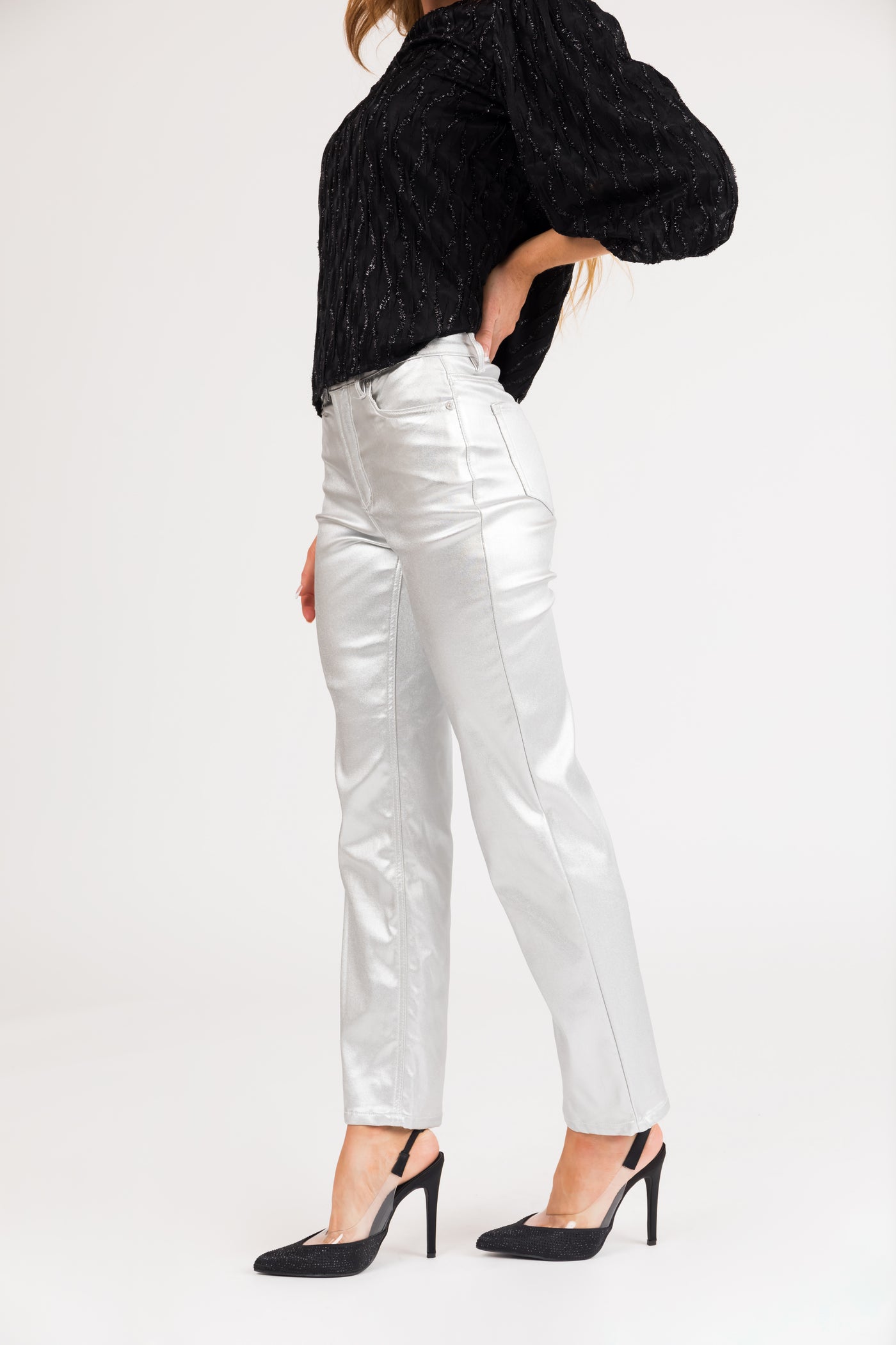 Silver Shiny Pleather High Rise Straight Leg Pants