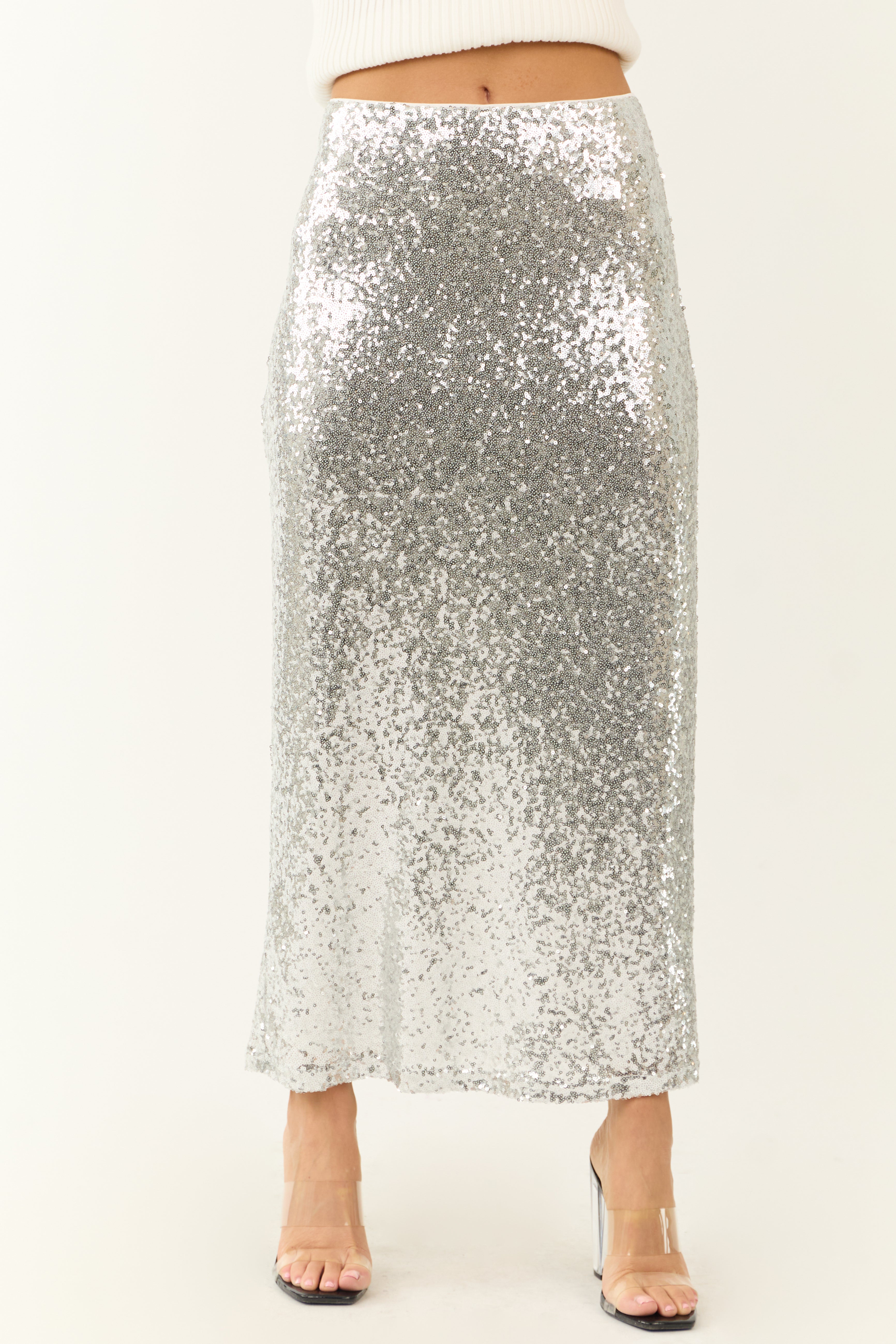 Silver Shiny Sequined Back Slit Midi Skirt