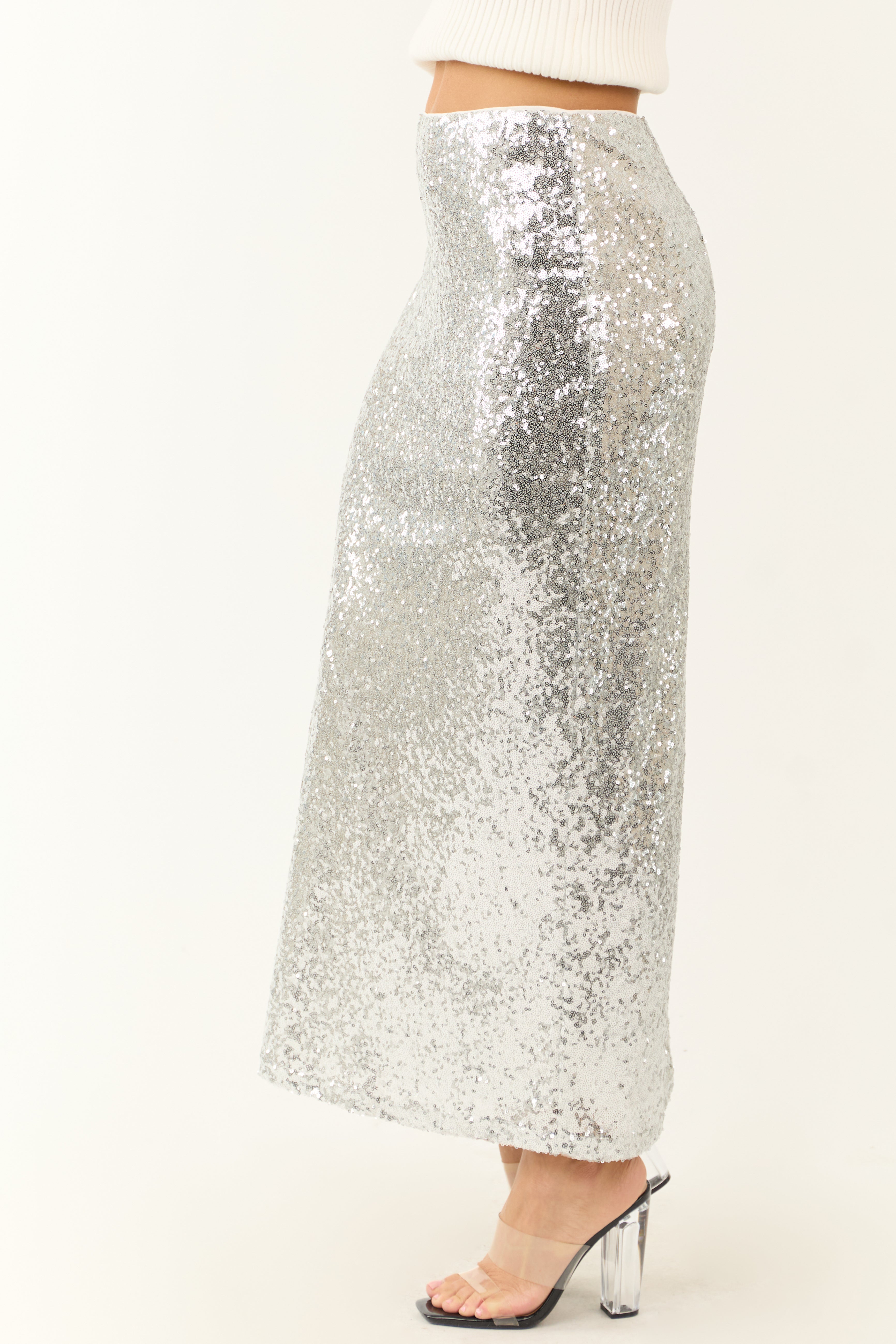 Silver Shiny Sequined Back Slit Midi Skirt