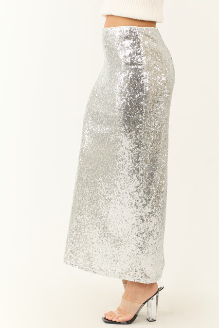 Silver Shiny Sequined Back Slit Midi Skirt