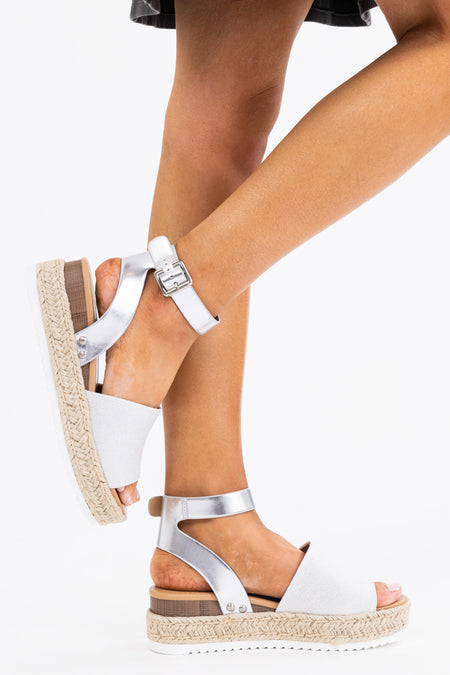 Silver Ankle Strap Espadrille Platform Sandals