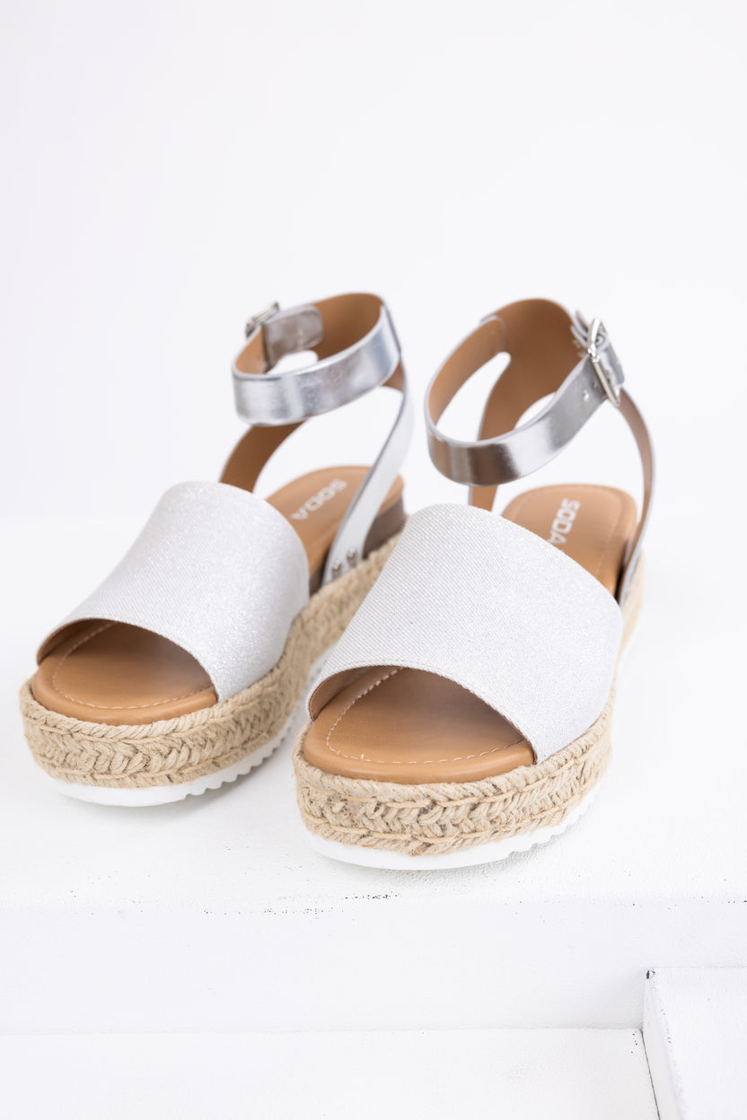 Silver Ankle Strap Espadrille Platform Sandals