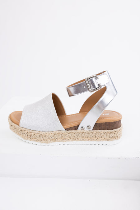 Silver Ankle Strap Espadrille Platform Sandals