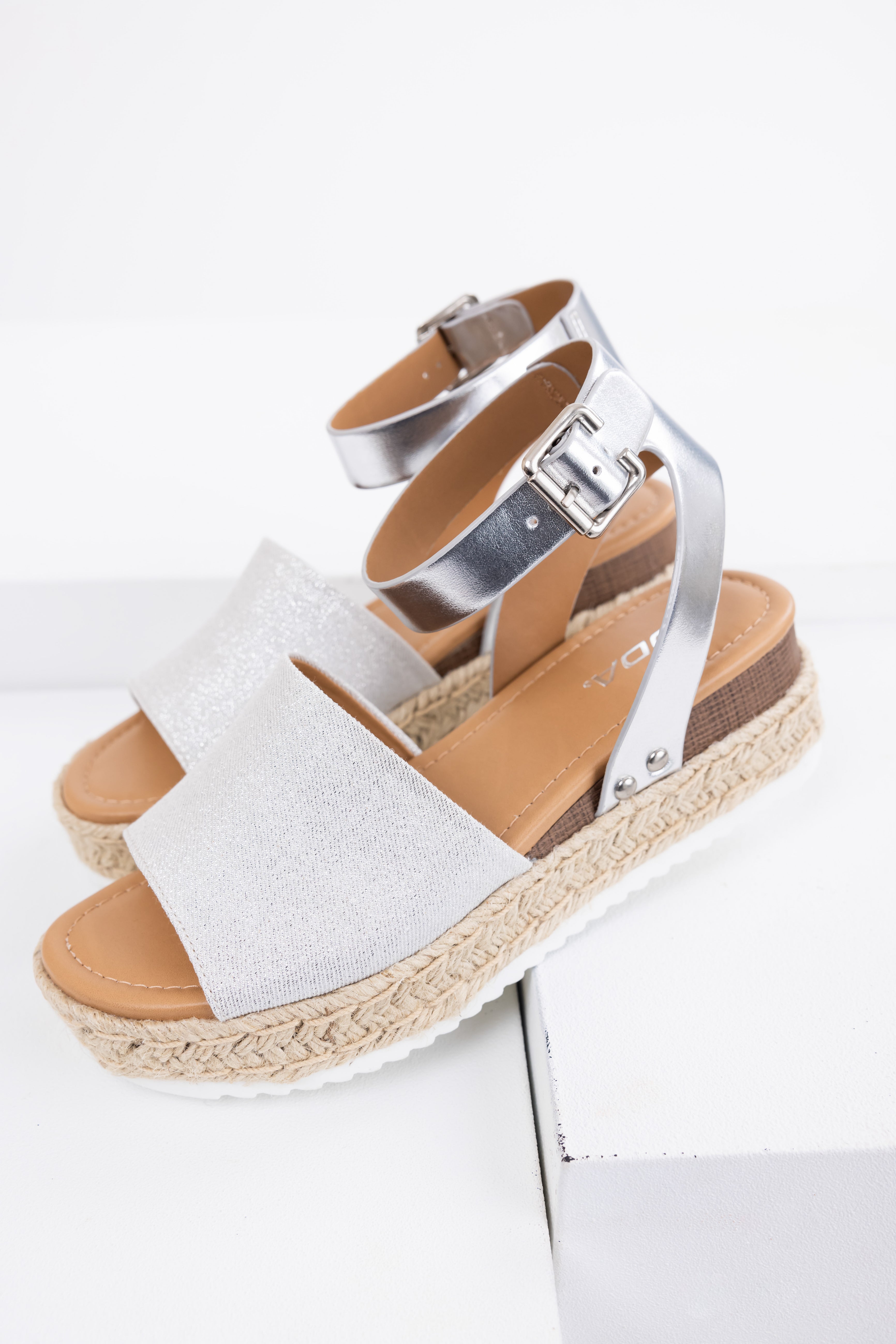 Silver Ankle Strap Espadrille Platform Sandals