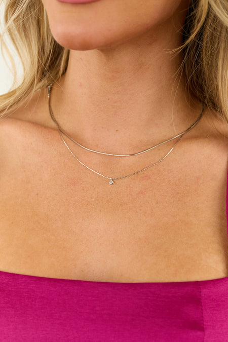 Silver Dainty Two Layer Gemstone Pendant Necklace