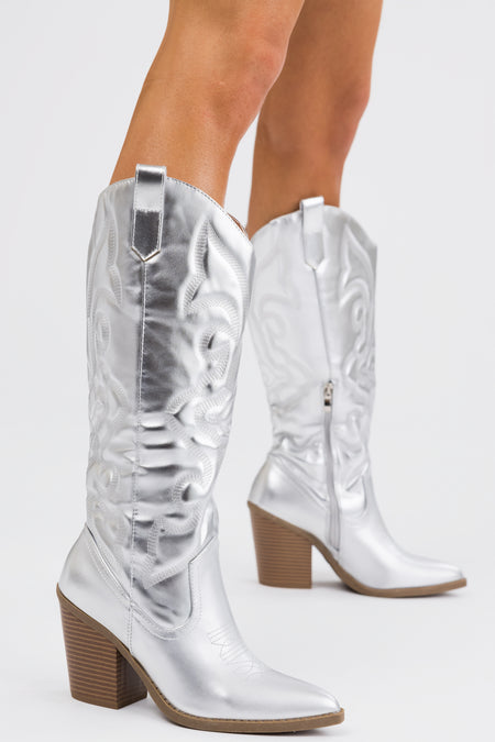 Silver Faux Leather Metallic Western Boots