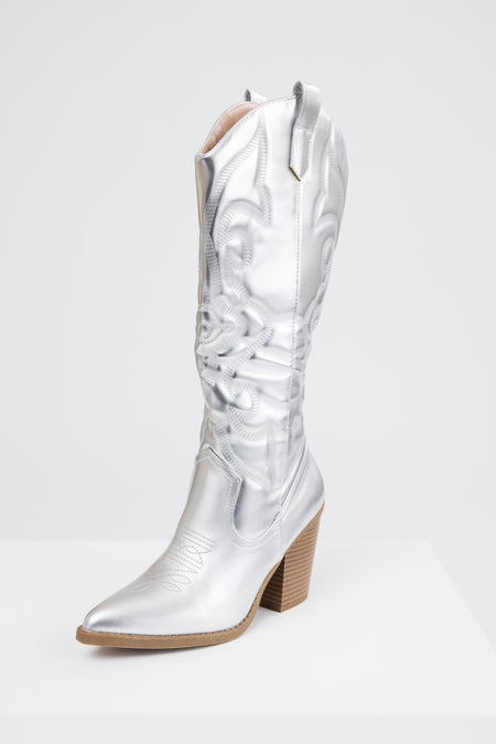 Silver Faux Leather Metallic Western Boots