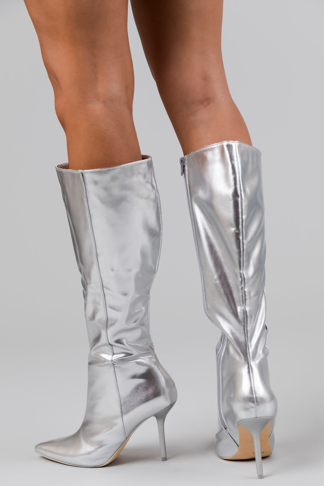 Silver Faux Leather Stiletto Knee High Boot