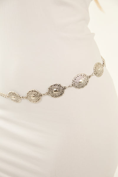 Silver Metallic Ornate Oval Disc Chain Belt