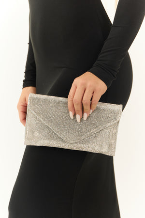 Silver Pave Rhinestone Envelope Crossbody Clutch