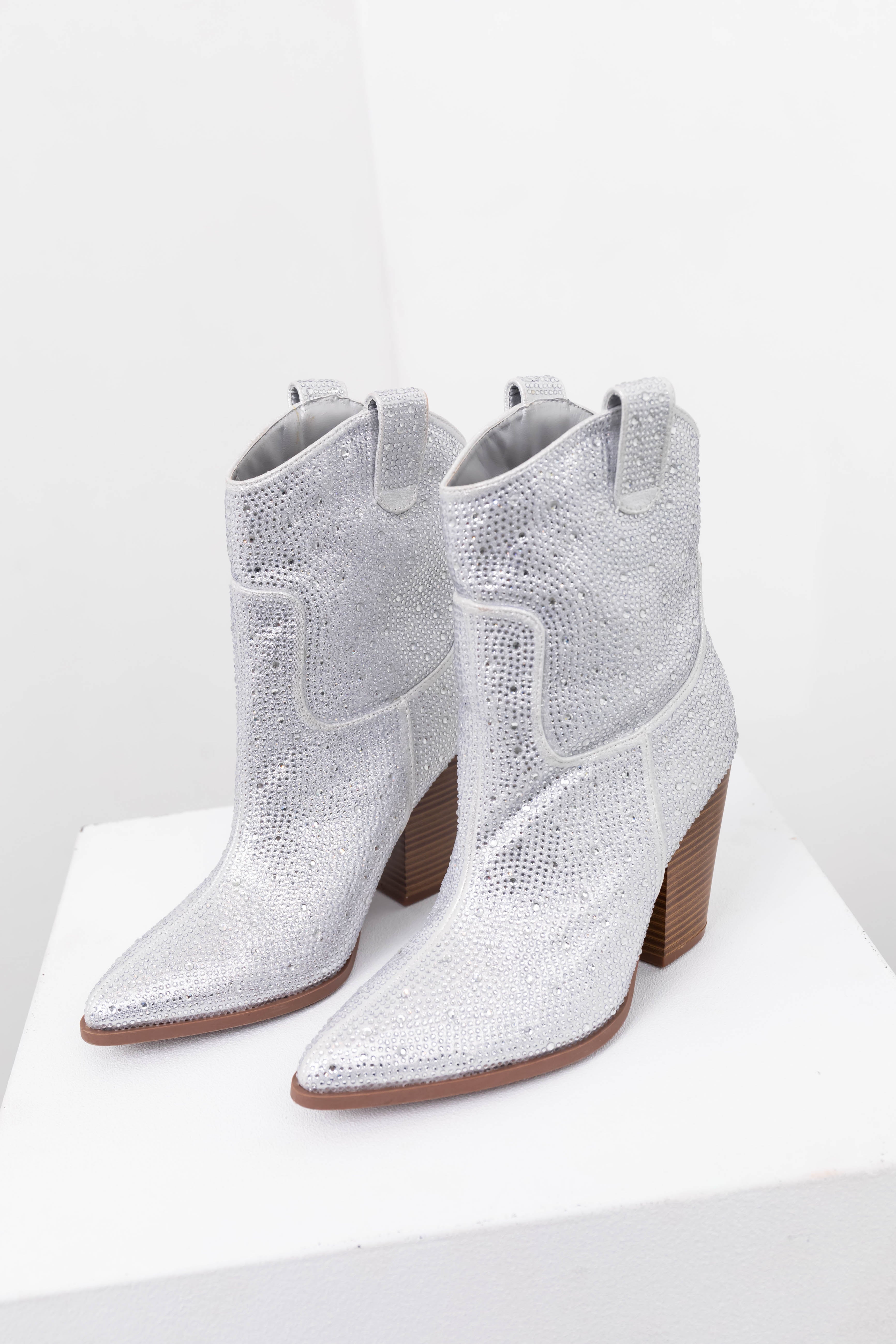 Silver Rhinestone Chunky Western Booties