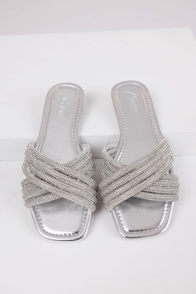 Silver Rhinestone Cross Strap Slide Sandals