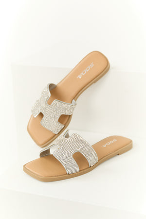 Silver Rhinestone Open Toed Slip On Sandals