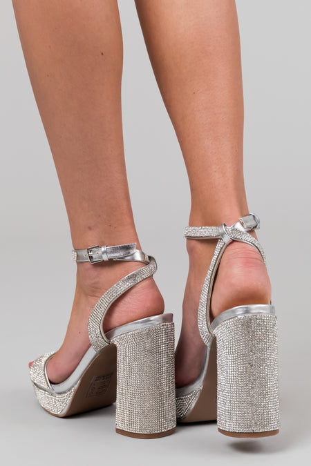 Silver Rhinestone Paved Platform Block Heels