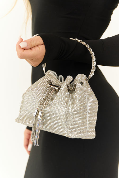 Silver Rhinestone Ring Handle Drawstring Bag