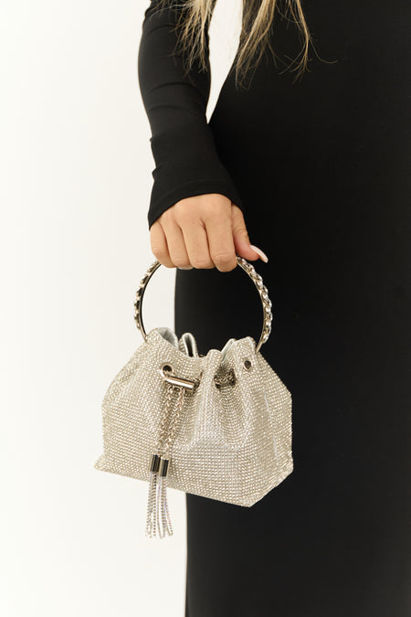 Silver Rhinestone Ring Handle Drawstring Bag