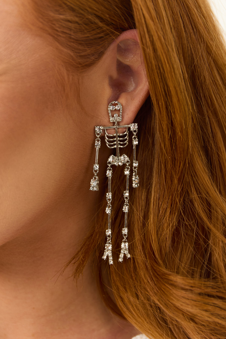 Silver Rhinestone Skeleton Dangle Earrings