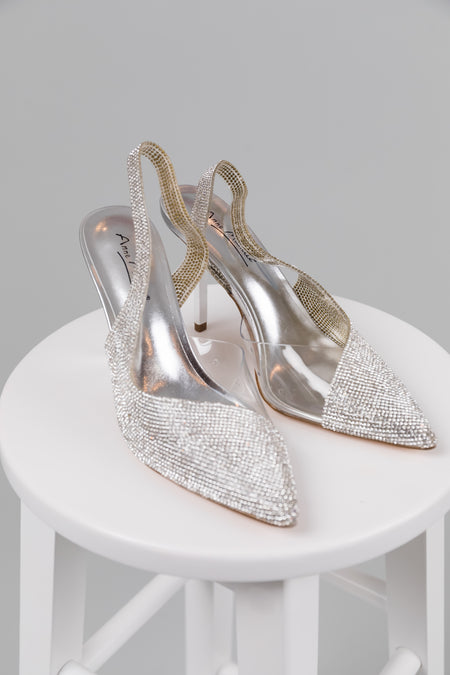 Silver Rhinestone Sling Back Pointed Toe Heels