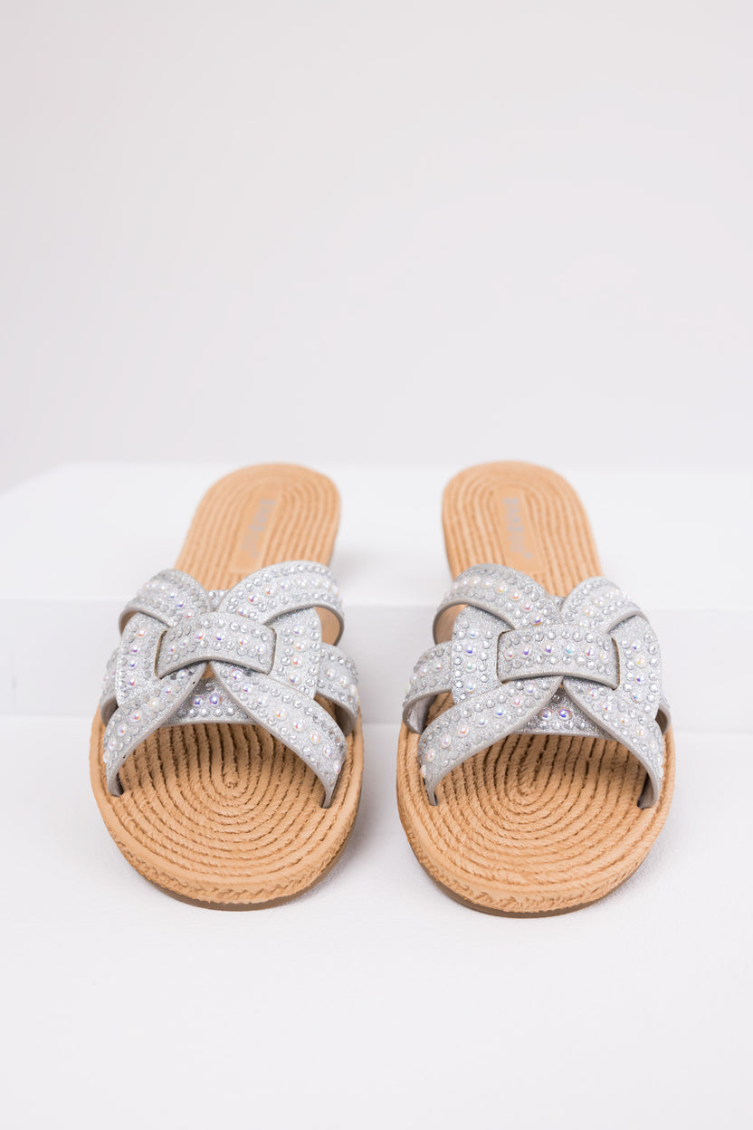 Silver Rhinestone Twisted Strap Sandals