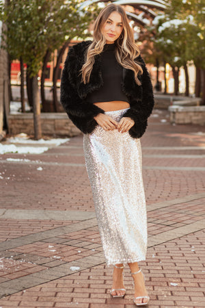 Silver Shiny Sequined Back Slit Midi Skirt