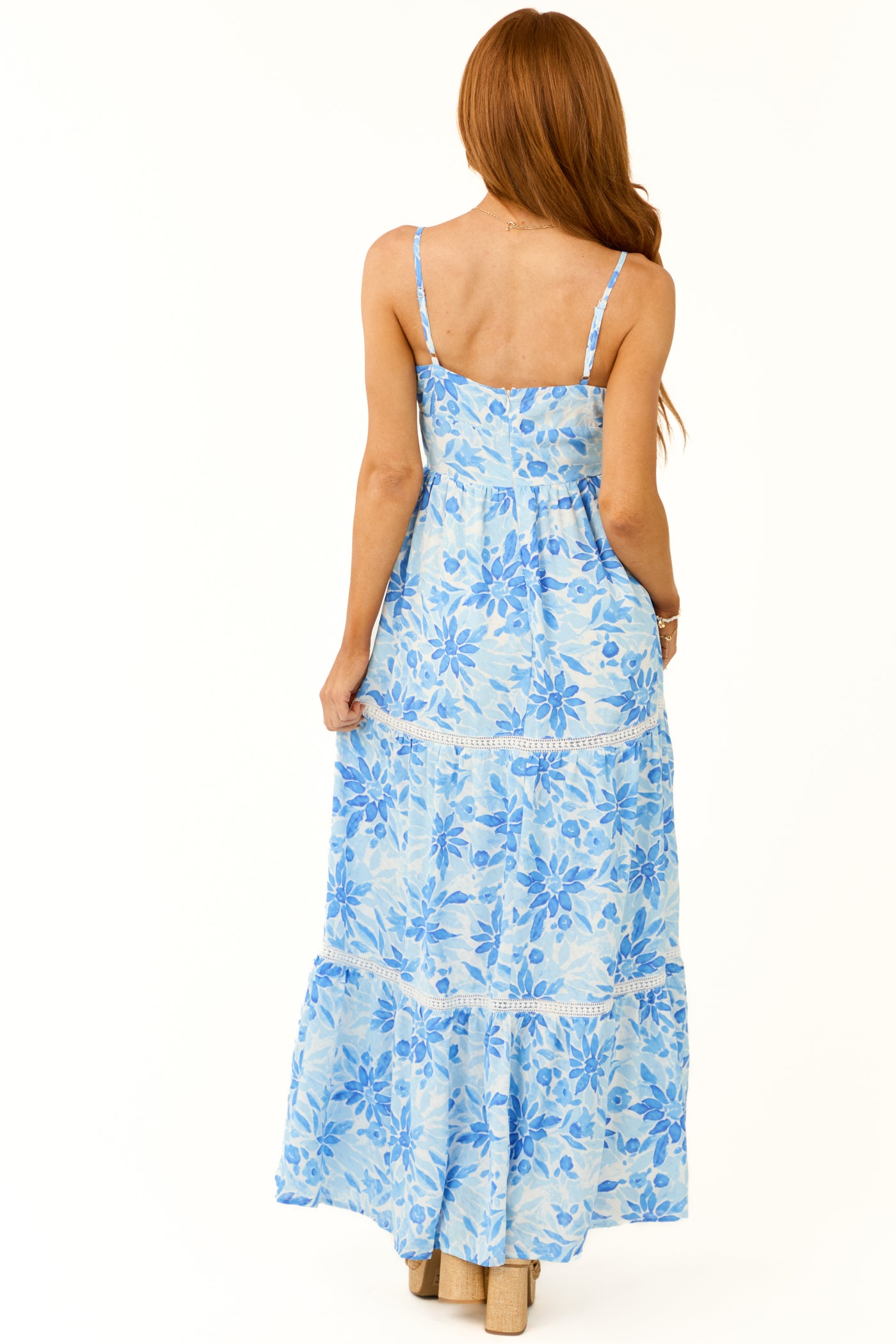 Sky Blue Floral Print Sleeveless Maxi Dress