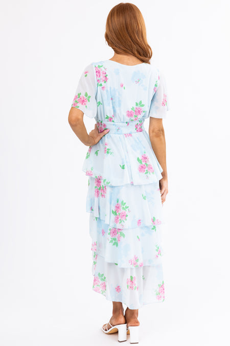 Sky Blue Floral Ruffle High Low Midi Dress