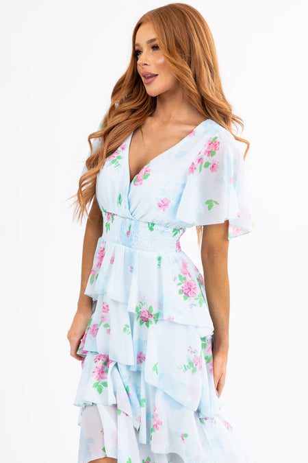 Sky Blue Floral Ruffle High Low Midi Dress