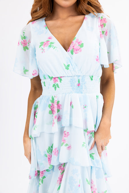 Sky Blue Floral Ruffle High Low Midi Dress