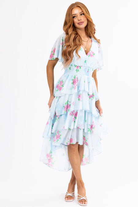 Sky Blue Floral Ruffle High Low Midi Dress