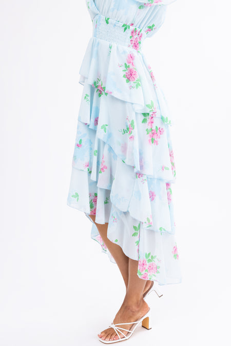 Sky Blue Floral Ruffle High Low Midi Dress