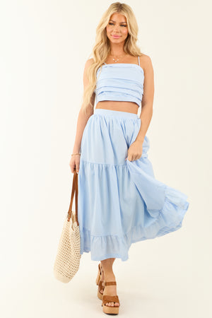 Sky Blue Ruched Crop Top and Maxi Skirt Set