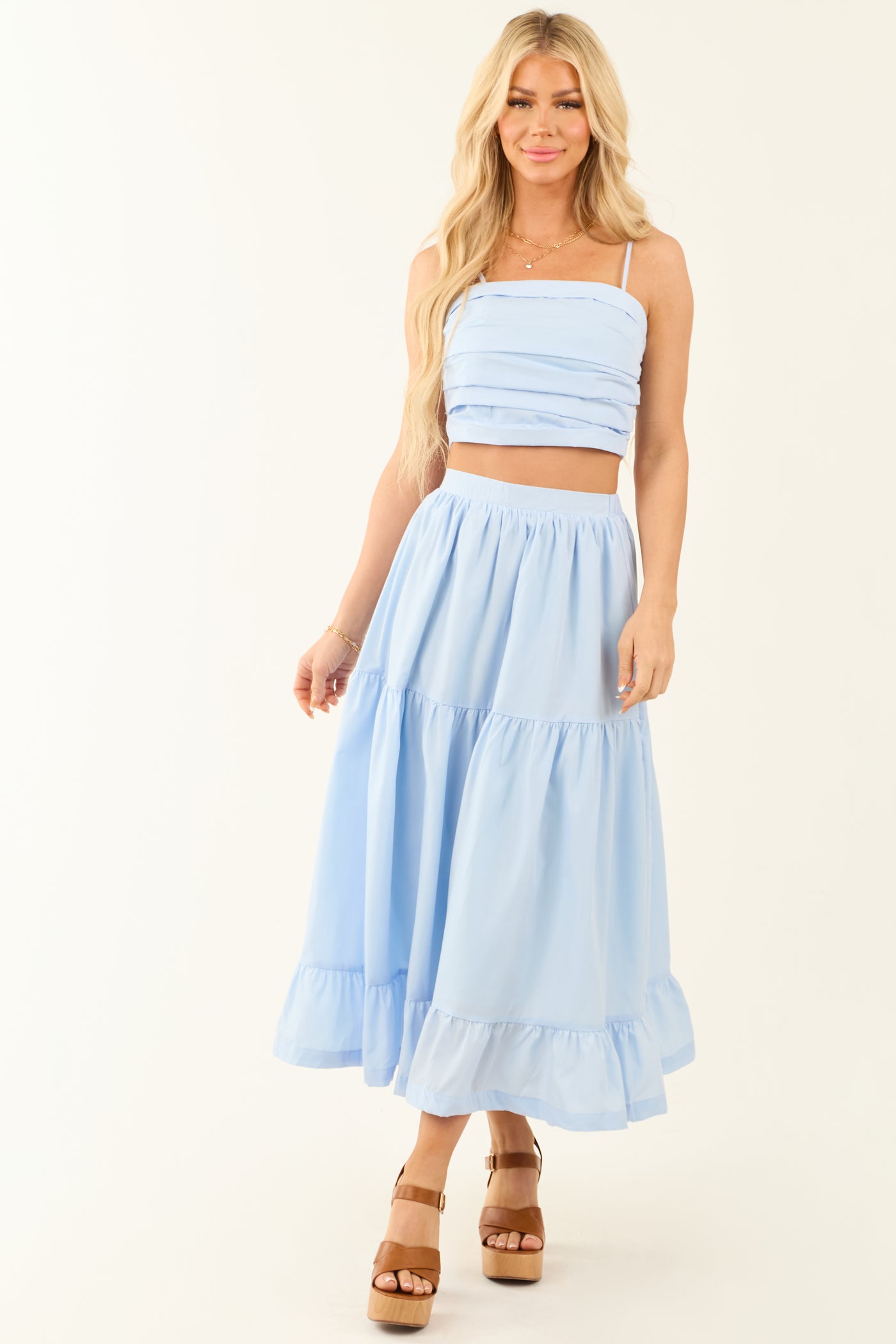 Sky Blue Ruched Crop Top and Maxi Skirt Set