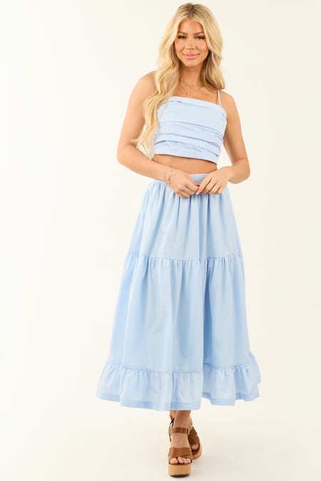 Sky Blue Ruched Crop Top and Maxi Skirt Set