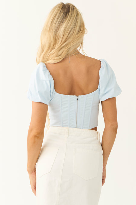 Sky Blue Short Puff Sleeve Corset Crop Top