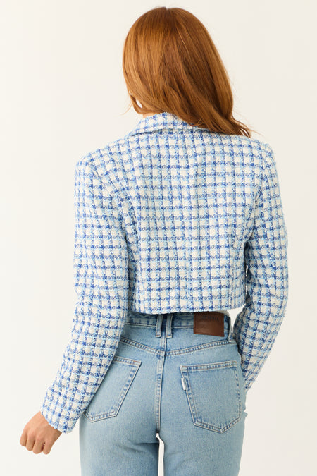 Sky Blue Tweed Plaid Button Down Cropped Jacket